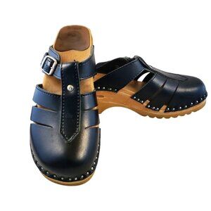 Troentorp Swedish Leather Clogs Black Cut-Out Wood Sole Sandals Size 36